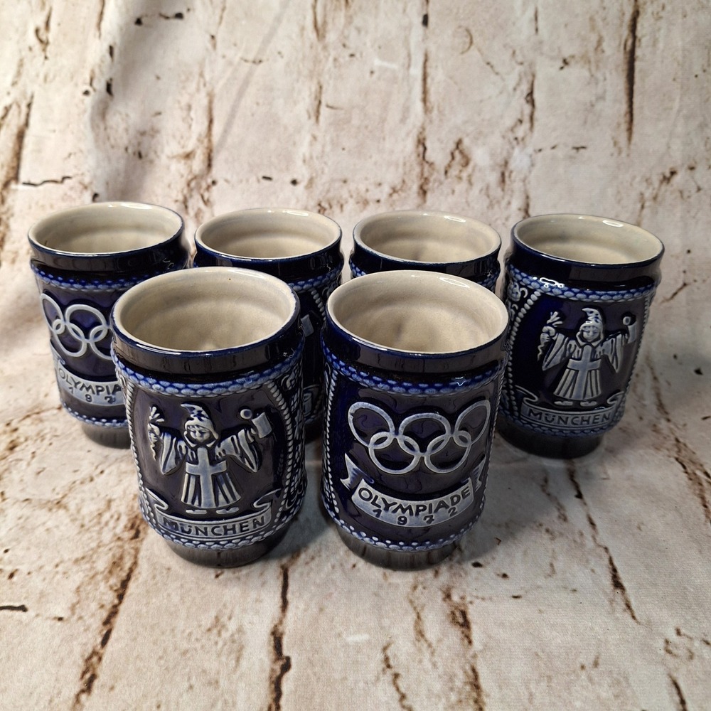 Vintage 1972‎ Munich Olympics German Stoneware Shot Glasses Set of 6 Cobalt Blue